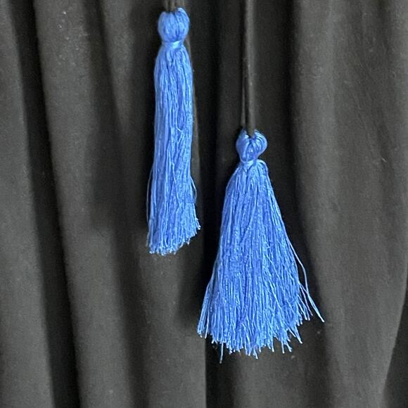 Catina Black Tunic Blouse Blue Geometric Embroidery Tassel Tie Ruffled MED Boho - Picture 6 of 10